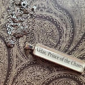 Puede incluir: Un collar de cadena de plata con un colgante de vidrio transparente que dice "Aidas, Prince of the Chasm". El colgante es rectangular y tiene un marco de metal plateado.