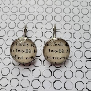 Two-Bit Mathews pendant earrings made with The Outsiders book pages
