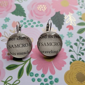 SAMCRO pendant earrings made from Sons of Anarchy book pages