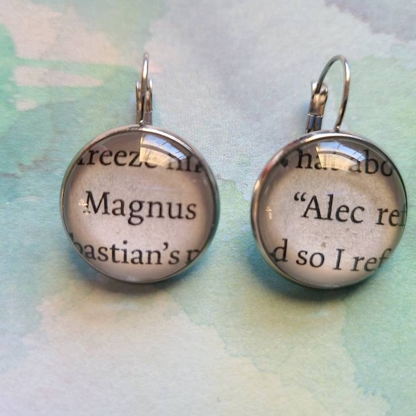 Magnus and Alec pendant earrings made with Mortal Instruments book pages