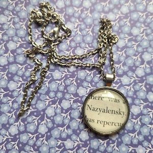 Zoya Nazyalensky pendant necklace made with King of Scars book pages