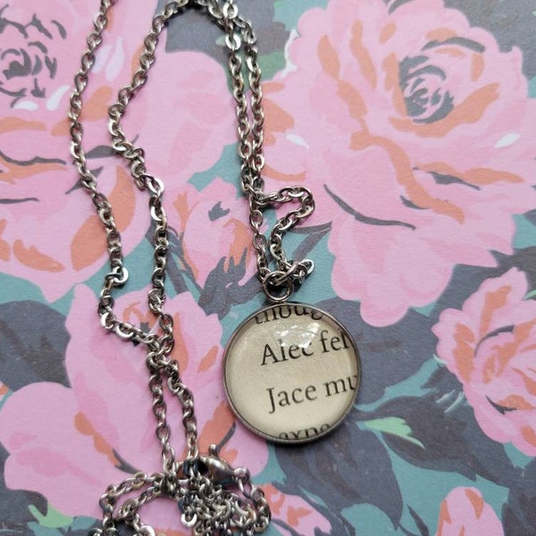 Alec and Jace 20mm pendant necklace made with Mortal Instruments book pages