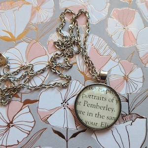 Pemberley pendant necklace made with Pride and Prejudice book pages