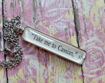 Take Me to Cassian pendant necklace made from Court of Silver Flames book pages