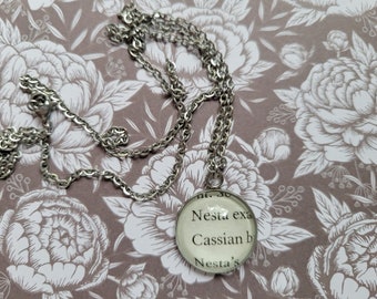 Nesta and Cassian 20mm pendant necklace made from Court of Thorns of Roses book pages