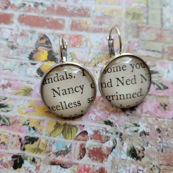 Nancy and Ned pendant earrings made with Nancy Drew book pages