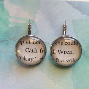 Cath and Wren Avery pendant earrings made with Fangirl book pages