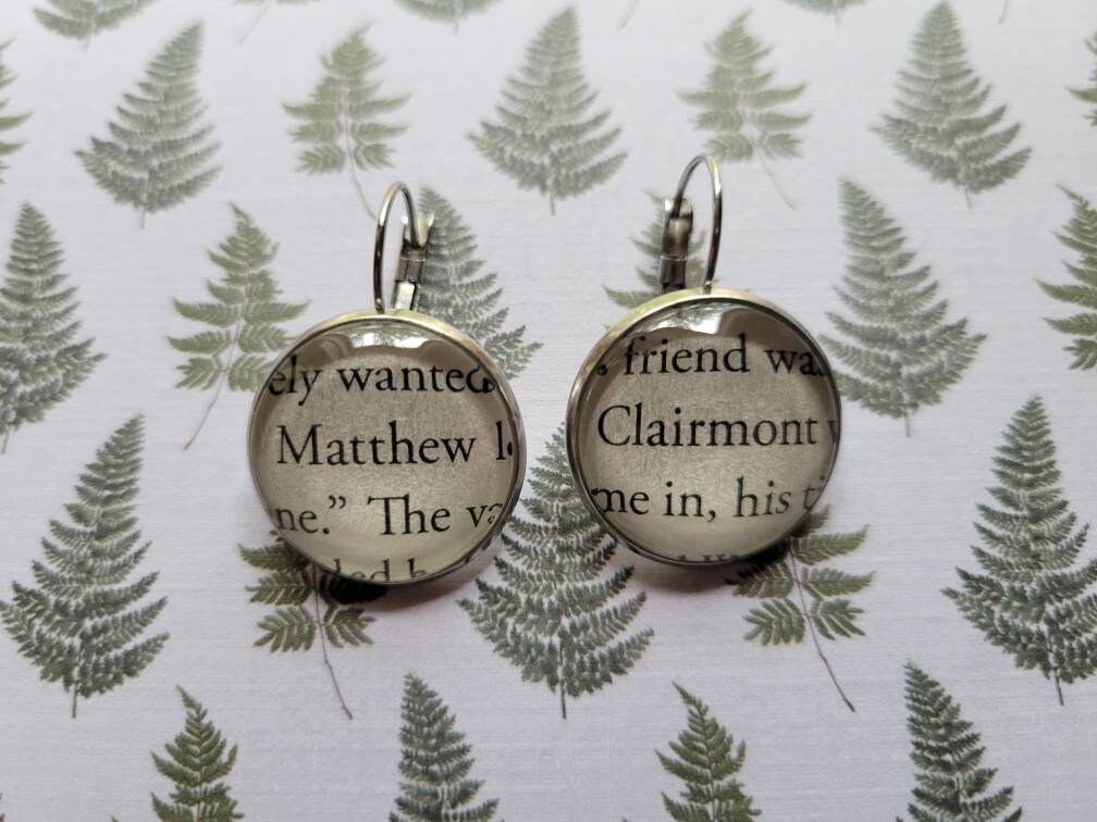 Matthew Clairmont pendant earrings made with Discovery of Witches book pages