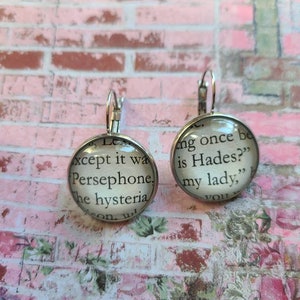 Persephone and Hades pendant earrings made from Touch of Darkness book pages