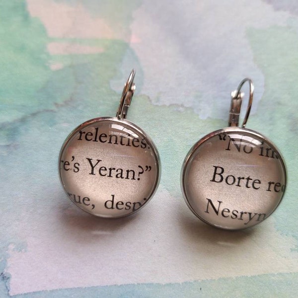 Borte and Yeran pendant earrings made with Throne of Glass book pages