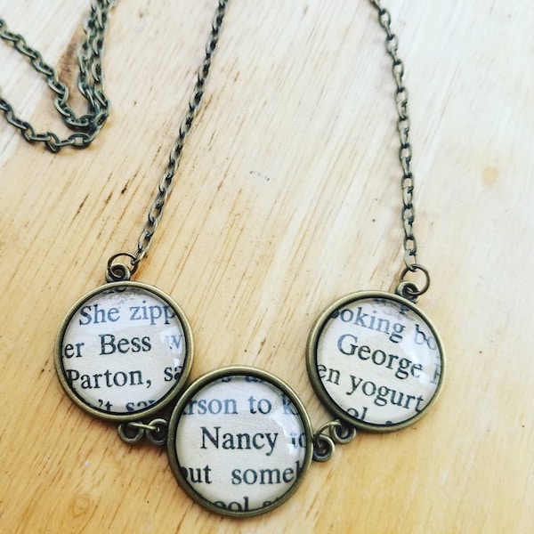 Nancy Bess George pendant necklace made with Nancy Drew book pages