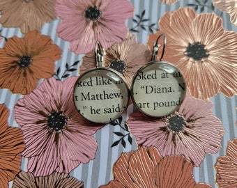 Diana and Matthew pendant earrings made from A Discovery of Witches book pages