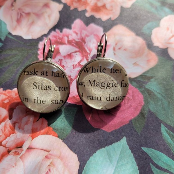 Silas and Maggie pendant earrings made with Maggie Moves On book pages