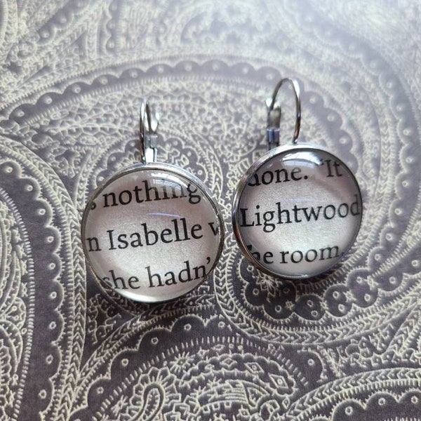 Isabelle Lightwood pendant earrings made with Mortal Instruments book pages