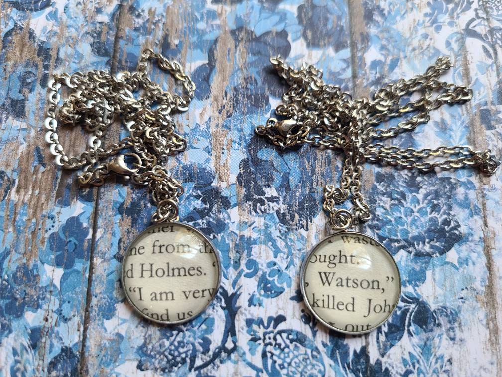Holmes and Watson 20mm pendant necklace set made with Sherlock Holmes book pages