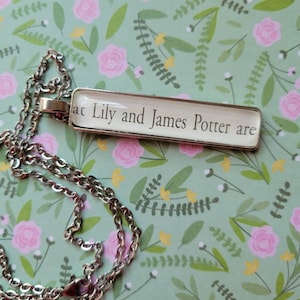 May include: A silver chain necklace with a rectangular pendant that reads "That Lily and James Potter are".