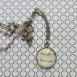 Adam and Ronan 20mm pendant necklace made with Raven Boys book pages