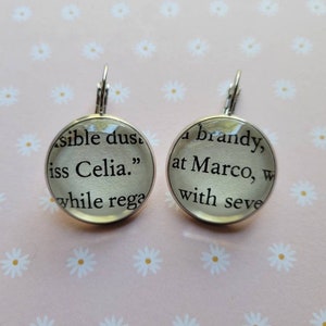 Celia and Marco pendant earrings made with The Night Circus book pages