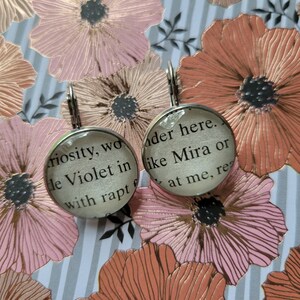 Violet and Mira pendant earrings made with Fourth Wing book pages