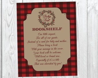 Holiday Christmas Baby Shower Book Request Card - It's a Boy - Christmas Flannel Baby's First Bookshelf #037