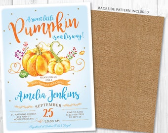 Boy Pumpkin Fall Baby Shower Invitation, Fall Baby Shower Invite, Burlap Autumn Shower, A Little Pumpkin Is On The Way • BS-F-01