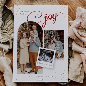 Esperando Mais Alegria, Cartão de Natal com Foto | Cartão de Anúncio de Bebê | Cartão Personalizável