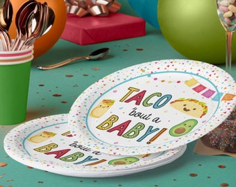25 Taco Bout' a Baby Fiesta Baby Shower Plates, Featuring cute Taco, Burrito, and Avocado babies.