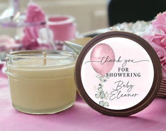 Recuerdo personalizado para baby shower: vela de soja de 113 g con globo rosa ruborizado