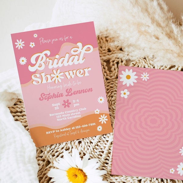Groovy Retro Bridal Shower Invitation, Bohemian Hippie Vibes Daisy 70s Flower Power Bridal Shower Invite Template Instant Download