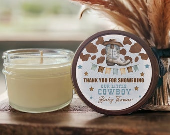 Cowboy Baby Shower Favor: Personalized Soy Candle, Country Cow Print