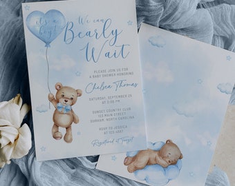 Teddy bear baby shower invitation template, we can bearly wait baby shower invite, bear with balloons baby shower download, Boy Baby Shower