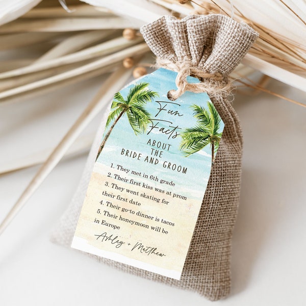 Palm Tree Beach Wedding Favor Thank You Hang Tag, Fun Facts About The Bride and Groom Template Instant Download