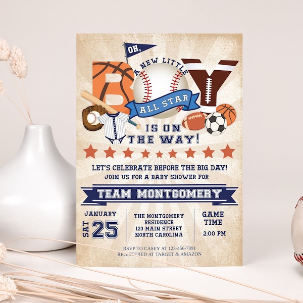 Sports Baby Shower Invitation, All Star Baseball Football Basketball Soccer Baby Shower Invitation, Editable Sports All Star Baby Shower