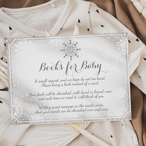 Carte de demande de livre pour baby shower | Thème Winter Wonderland | Baby shower flocon de neige | Modèle modifiable sur Corjl