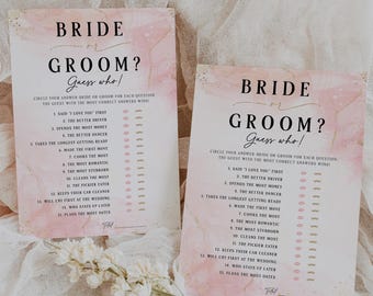 50 Printed Bridal Shower Games: Bride or Groom Guess Who Trivia For Wedding Guests, Pink and Gold Marble Theme
