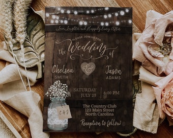 Country Rustic Wedding Invitation, Lace Mason Jar Wood Barrel Couples Bridal Shower Invite Template Instant Download