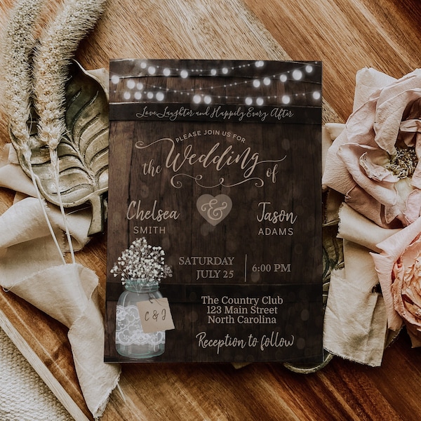 Country Rustic Wedding Invitation, Lace Mason Jar Wood Barrel Couples Bridal Shower Invite Template Instant Download