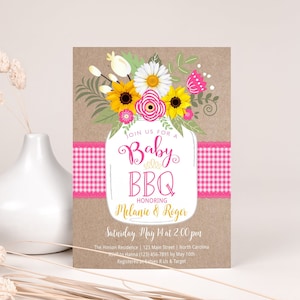 Invito per barbecue rosa per bambini, invito per baby shower Q, modelli per barattoli di vetro, 5x7 e 4x6, lotteria dei pannolini, richiesta di libri e biglietto di ringraziamento