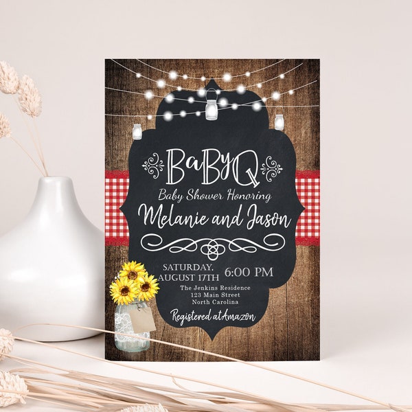 BabyQ Baby Shower Invitation, Country Baby BBQ invite, Baby Sprinkle, Sunflowers, Country, Rustic, Spring, Summer, Fall, DIY Printable