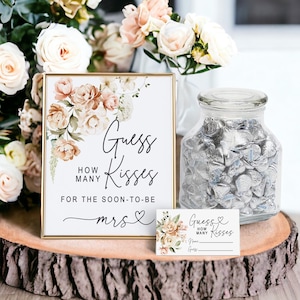Guess How Many Kisses For The Soon To Be Mrs, Neutral Floral Modern Bridal Shower Game,