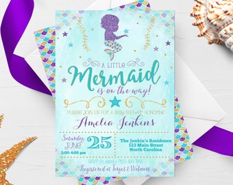 Mermaid Baby Shower Invitation, Little Mermaid Invite, Under The Sea Baby Shower Invitations, Nautical