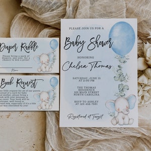 Faire-part de baby shower garçon, éléphant bleu et ballon d'invitation de baby shower, tombola de couches et modèle modifiable de carte de demande de livre