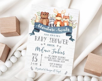 Woodland Baby Shower Invitation Printable Forest Animals Boy Baby Shower Invitation Bear Deer Moose Fox Raccoon DIY Template