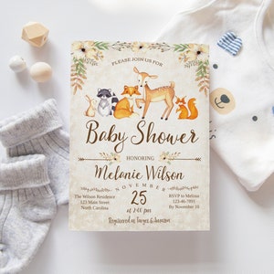 Woodland Baby Shower Invitation, Neutral Floral Deer Fox Raccoon Bunny Forest Animals