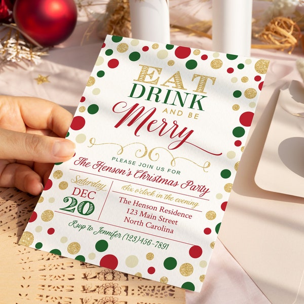 Eat Drink and Be Merry, Christmas Party Invitation, Holiday Party Invite, Eat Drink and Be Merry, DIY Edit Yourself Templett Printable