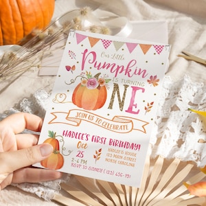 Little Pumpkin 1° compleanno - Inviti a tema zucca autunnale - Modelli 5x7 e 4x6 + biglietti di ringraziamento "La nostra piccola zucca compie un anno