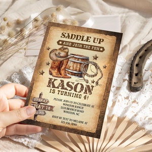Saddle Up Country Western Invitation, Rustic Wood, Cowboy Hat and Lasso, Cowboy Birthday Invitation, Printable, Instant Download image 1