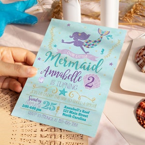 Mermaid Birthday Invitation, Mermaid Invitation, Under The Sea Party Invite, Teal Purple Gold image 1