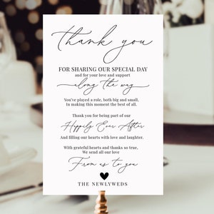 Carta de agradecimiento moderna, nota para servilleta de boda, agradecimiento para menú de boda, plantilla editable, tarjeta de agradecimiento minimalista para mesa blanca