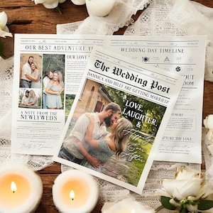 Könnte beinhalten: Eine Hochzeitsanzeige in Form einer Zeitung mit der Überschrift "The Wedding Post" und dem Text "Danica und Billy heiraten!" Die Zeitung zeigt ein Foto des Paares, das sich vor einem Backsteingebäude küsst. Die Zeitung enthält außerdem einen Zeitplan für den Hochzeitstag, eine Nachricht der Frischvermählten und einen Abschnitt mit dem Titel "Liebe, Lachen und glücklich bis ans Ende."